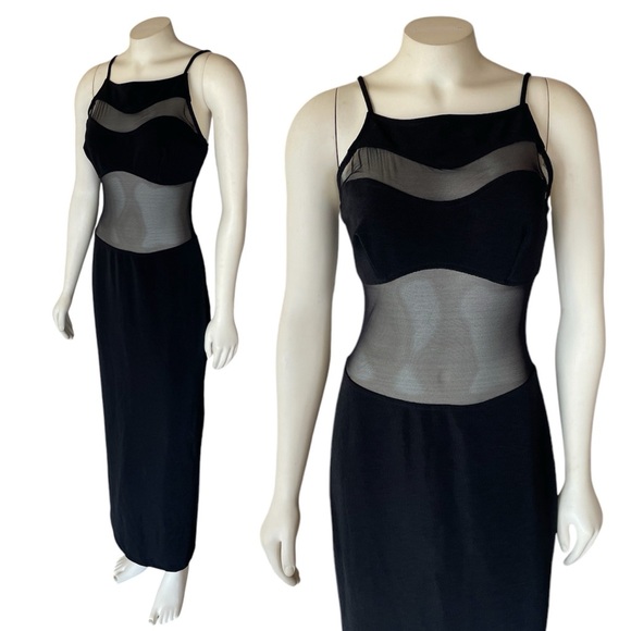Michi by Boule de Neige 90s Vintage Minimal Maxi Black Sheer Mesh Panels Dress - Picture 1 of 9